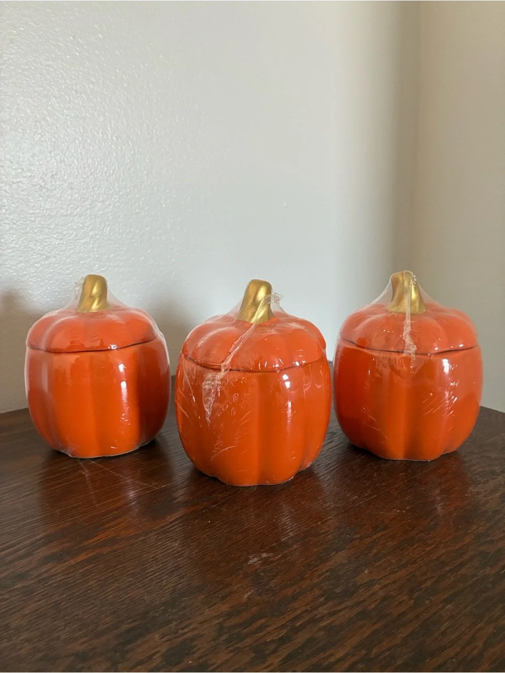 NWT- Set of 3- Orange Ceramic Pumpkin Jars with Lid & Gold Stems